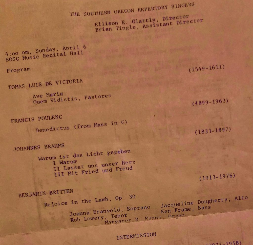 closeup photo of 1986 Southern Orego Repertory Singers concert program