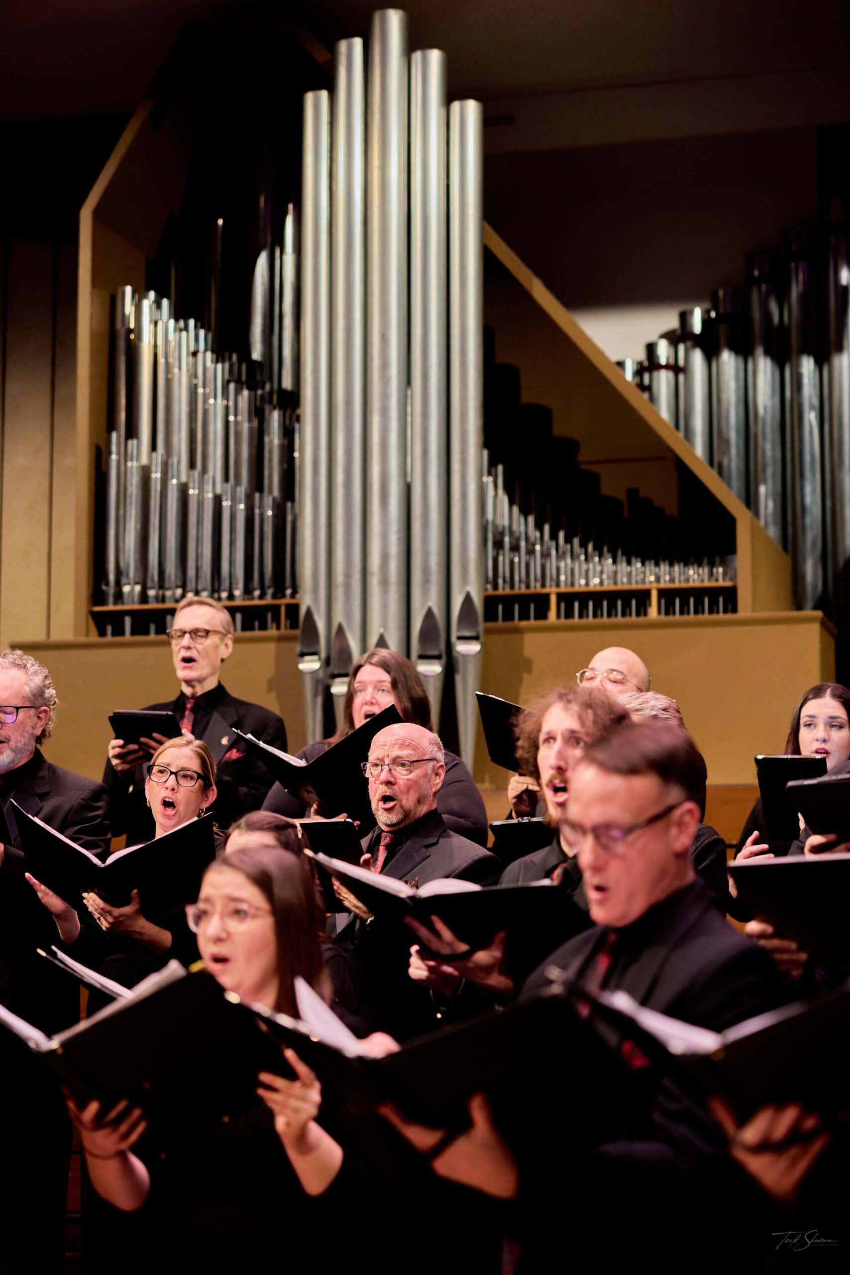 R51_0538_HighRez Photo of choral group with organ pipes in the background.