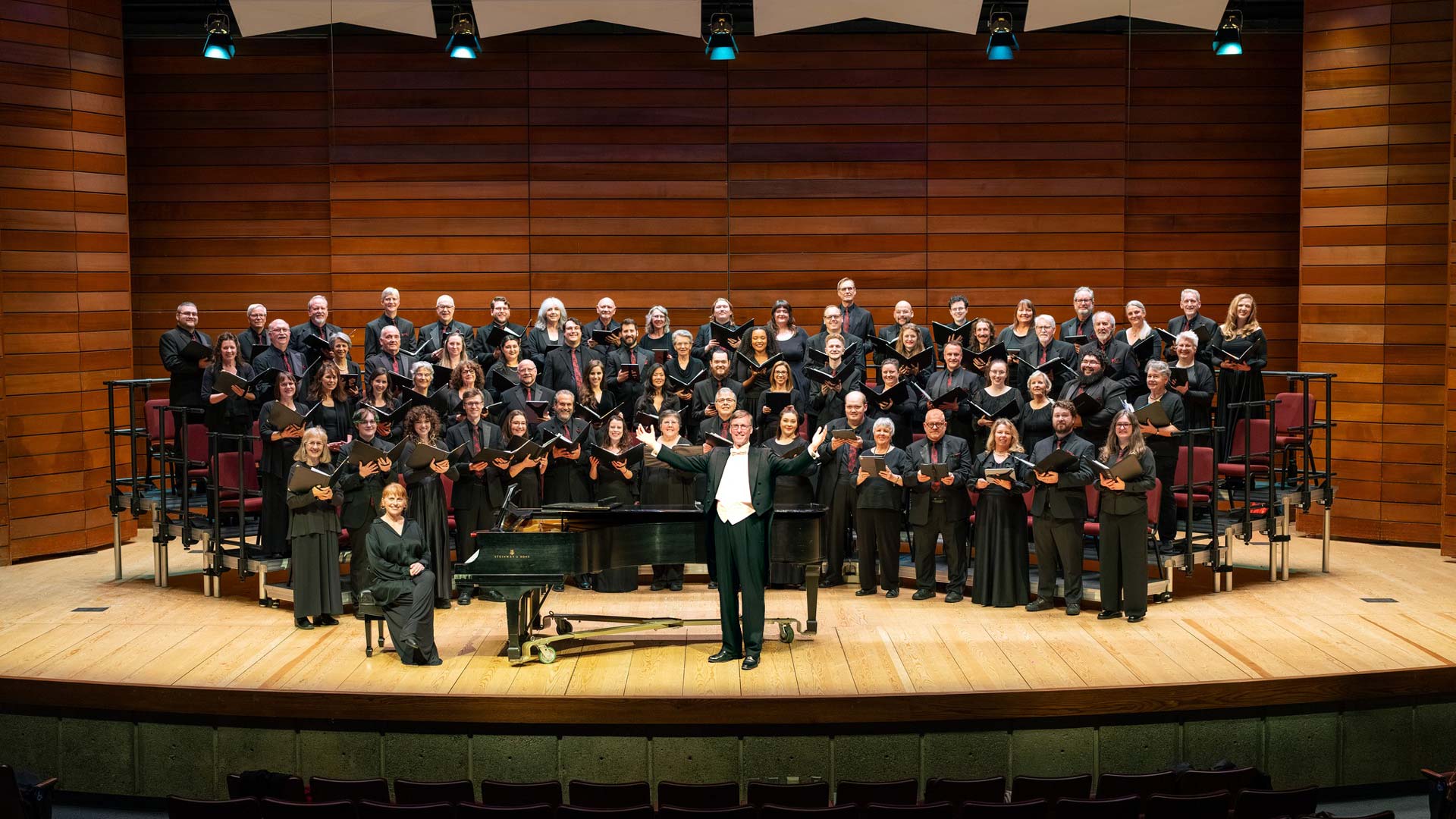 Southern Oregon Repertory Singers performing on stage at SOU music hall in Ashland, Oregon