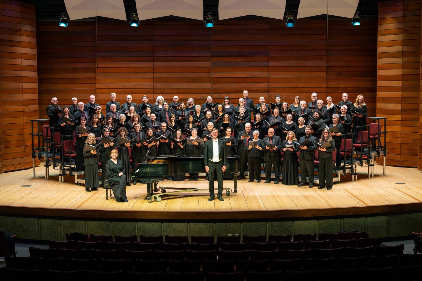 Southern Oregon Repertory Singers performing on stage at SOU music hall in Ashland, Oregon