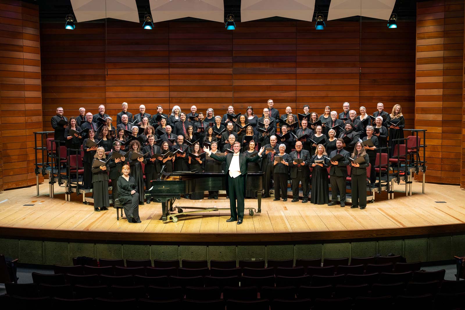Southern Oregon Repertory Singers performing on stage at SOU music hall in Ashland, Oregon